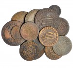 Colección de cobres de Cataluña: ochavo, quarto, quarto y medio, 2 quartos, 3 quartos (5) y 6 quartos (5). Total 14 monedas diferentes. BC/MBC-.