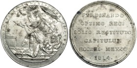 Medalla restitución al trono. México. 1814. El Cabildo. GRO-F-23b. AR 51mm. 64,90 g. Manchitas de óxido. EBC. Rara.