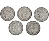 5 monedas de 50 centavos de peso. 1868. Manila. Calidad media MBC.
