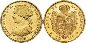 10 escudos. 1868 *18-73. Madrid. VI-669. Dos rayitas de acuñación. EBC.