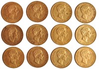 12 monedas de 25 pesetas: 1878, DEM (3); 1879 (3); 1880 (5) y 1881. Una con rayas. MBC+/EBC.
