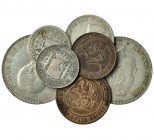 7 monedas: peseta, 1869, ESPAÑA; 5 y 10 céntimos, 1870; peseta, 1896; 2 pesetas, 1892; 5 pesetas, 1891 y 1892. De BC+ a EBC-.
