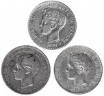 3 monedas de 1 peso. 1897. Manila. SGV. Marcas. MBC/MBC+.