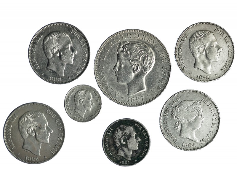 7 monedas de Manila: 54 centavos de peso, 1885; 20 centavos de peso, 1884; 50 ce...