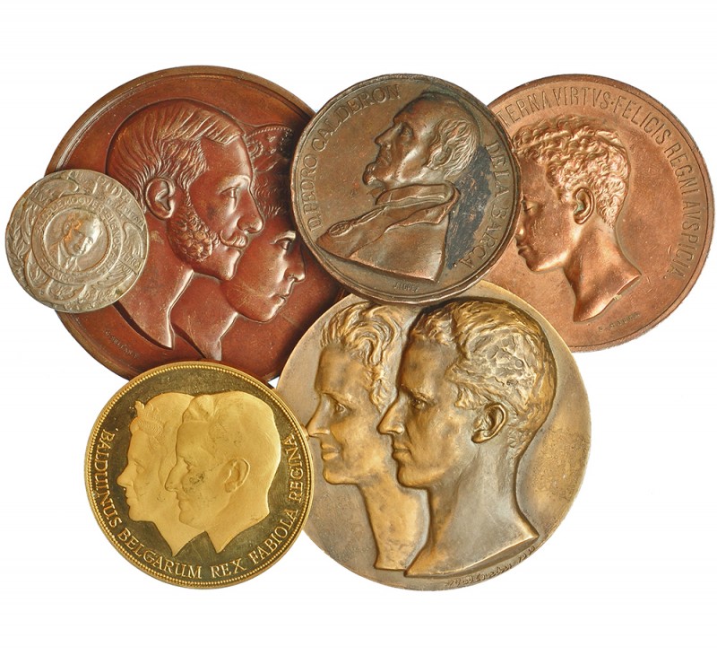 6 medallas: 1879, boda real, Ø 71mm; 1881, II centenario de la muerte de Calderó...