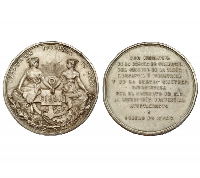 Medalla. Exposición Regional de Gijón. 1899. AG. Ø 70mm. 170 g. Grabador: B. Mau...