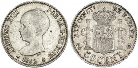50 céntimos. 1892 *2-2. Madrid. PGM. VII-141.2. MBC. Escasa.