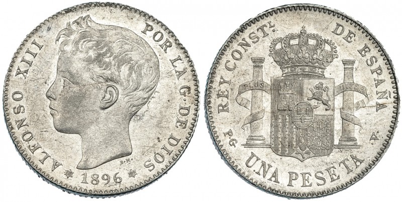 Peseta. 1896 *18-96. Madrid. PGV. VII-154. Pequeñas marcas. EBC+.