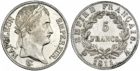 FRANCIA. 5 francos. 1811.A. París. Napoleón. KM-694.1. Pequeñas marcas. EBC-/MBC+.
