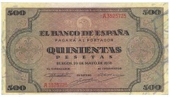 BANCO DE ESPAÑA. 500 pesetas. 5-1938. Serie A. ED-D34. EBC+.