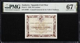 ANDORRA. Consell General de les Valls d'Andorra. 50 Centims, 1936. P-5. PMG Superb Gem Uncirculated 67 EPQ.
These change notes from Andorra are popul...