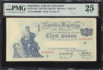 ARGENTINA. Caja de Conversion. 100 Pesos, 1897 (ND 1926-32). P-247b. PMG Very Fine 25.
Series B. "B" variety watermark.

Estimate: $250.00- $400.00