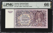 AUSTRIA. Oesterreichische Nationalbank. 50 Schilling, 1951. P-130. PMG Gem Uncirculated 66 EPQ.
Gem example showing Jakob Prandtauer on the obverse a...