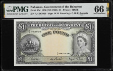BAHAMAS. Government of the Bahamas. 1 Pound, 1936 (ND 1963). P-15d. PMG Gem Uncirculated 66 EPQ.
Printed by TDLR. Sweeting-Roberts signature combinat...