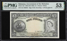 BAHAMAS. Bahamas Government. 1 Pound, 1936 (ND 1963). P-15d. PMG About Uncirculated 53.
Printed by TDLR. W.H. Sweeting-G.W.K. Roberts signature combi...