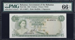 BAHAMAS. Bahamas Government. 5 Dollars, 1965. P-20a. PMG Gem Uncirculated 66 EPQ.

Estimate: $200.00- $300.00