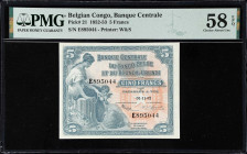 BELGIAN CONGO. Banque Centrale du Congo Belge et du Ruanda-Urundi. 5 Francs, 1952. P-21. PMG Choice About Uncirculated 58 EPQ.

Estimate: $150.00- $...
