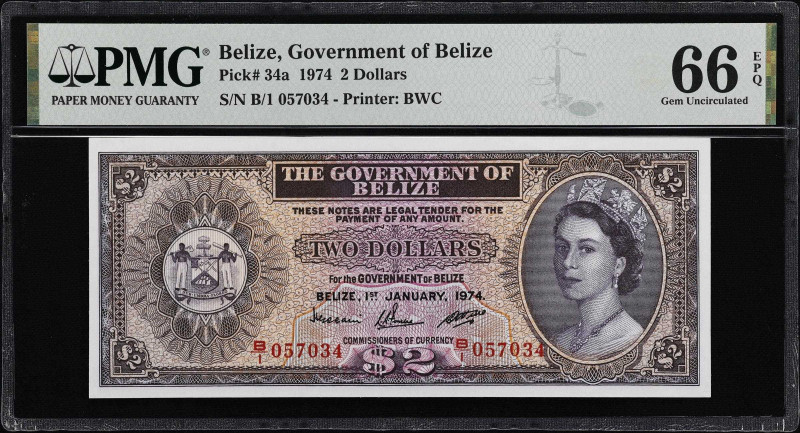 BELIZE. Government of Belize. 2 Dollars, 1974. P-34a. PMG Gem Uncirculated 66 EP...