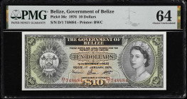 BELIZE. Government of Belize. 10 Dollars, 1976. P-36c. PMG Choice Uncirculated 64.
Printed by BWC. Dated January 1st, 1976. Queen Elizabeth II on the...