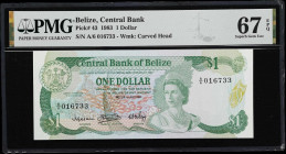 BELIZE. Lot of (2). Central Bank of Belize & Monetary Authority of Belize. 1 & 5 Dollars, 1980-83. P-39a & 43. PMG Superb Gem Uncirculated 67 EPQ.

...