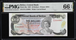 BELIZE. Central Bank of Belize. 10 Dollars, 1987. P-48a. PMG Gem Uncirculated 66 EPQ.
Beautiful colors on this gem example printed by BWC with geomet...