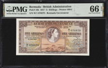 BERMUDA. Lot of (2). Bermuda Government & Bermuda Monetary Authority. 5 Shillings & 100 Dollars, 1957-82. P-18b & 33CS1. PMG Gem Uncirculated 66 EPQ....