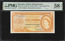 BERMUDA. Bermuda Government. 5 Pounds, 1952. P-21a. PMG Choice About Uncirculated 58 EPQ.
Printed by BWC. Bank title watermark, Orange on the obverse...