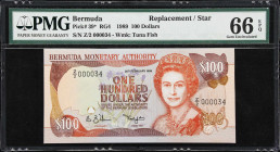 BERMUDA. Bermuda Monetary Authority. 100 Dollars, 1989. P-39*. Replacement. PMG Gem Uncirculated 66 EPQ.
Serial number Z/2 000034. A challenging repl...