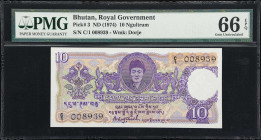 BHUTAN. Royal Government of Bhutan. 10 Ngultrum, ND (1974). P-3. PMG Gem Uncirculated 66 EPQ.
Beautiful orange, green, and purple colors on the front...