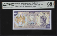 BHUTAN. Royal Monetary Authority of Bhutan. 10 Ngultrum, ND (1986). P-15a. PMG Superb Gem Uncirculated 68 EPQ.

1986-2000年不丹皇家金融管理局10 努爾特魯姆。

Esti...