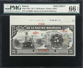 BOLIVIA. Banco de la Nacion Boliviana. 5 Bolivianos, 1911. P-105s. Specimen. PMG Gem Uncirculated 66 EPQ.

Estimate: $100.00- $200.00