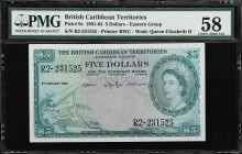 BRITISH CARIBBEAN TERRITORIES. Currency Board of the British Caribbean Territories. 5 Dollars, 1961. P-9c. PMG Choice About Uncirculated 58.
Printed ...