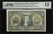 BRITISH GUIANA. Government of British Guiana. 2 Dollars, 1938. P-13b. PMG Fine 12.
Printed by W&S. Toucan and Kaieteur Falls on the front, King Georg...