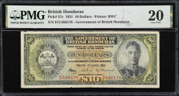 BRITISH HONDURAS. Government of British Honduras. 10 Dollars, 1.6.1951. P-27c. PMG Very Fine 20.
Portrait of King George VI at right. Printed by BWC....