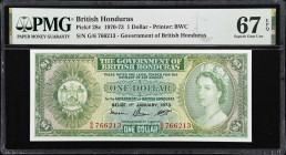 BRITISH HONDURAS. Government of British Honduras. 1 Dollar, 1.1.1973. P-28c. PMG Superb Gem Uncirculated 67 EPQ.
Final date of issue. Perfect high-gr...