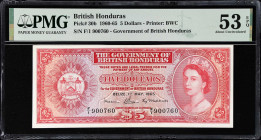 BRITISH HONDURAS. Government of British Honduras. 5 Dollars, 1.5.1965. P-30b. PMG About Uncirculated 53 EPQ.
Printed by BWC. Queen Elizabeth II on fr...