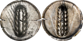 ITALY. Lucania. Metapontion. AR Stater (7.85 gms), ca. 540-510 B.C. ANACS VF-35. Cracked.
HGC-1, 1027; HN Italy-1465. Obverse: Ear of barley with sev...