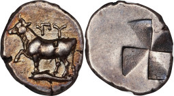 THRACE. Byzantion. AR Siglos, ca. 340-320 B.C. NGC EF.
HGC-3, 1389; SNG Cop-475. Obverse: Bull standing left on dolphin left; Reverse: Quadripartite ...