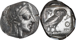 ATTICA. Athens. AR Tetradrachm (17.16 gms), ca. 454-404 B.C. NGC Ch EF, Strike: 5/5 Surface: 4/5.
HGC-4, 1597; Kroll-8; SNG Cop-31. Obverse: Helmeted...