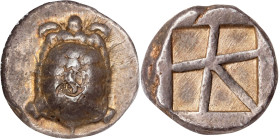 AEGINA. AR Stater (12.34 gms), ca. 445/4-430 B.C. ANACS EF-40. Countermarked.
HGC-6, 437; SNG Cop-517. Obverse: Land tortoise with segmented shell; R...