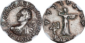 BAKTRIA. Indo-Greek Kingdom. Menander I Soter. AR Drachm, Uncertain Mint in Paropamisadai or Gandhara, ca. 155-130 B.C. NGC Ch VF.
HGC-12, 188. Obver...