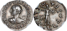 BAKTRIA. Indo-Greek Kingdom. Menander I Soter. AR Drachm, Uncertain Mint in Paropamisadai or Gandhara, ca. 155-130 B.C. NGC Ch VF. Flan Flaw.
HGC-12,...