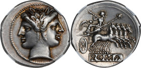 ROMAN REPUBLIC. Anonymous. AR Quadrigatus (6.70 gms), Uncertain Mint, ca. 225-214 B.C. NGC Ch VF, Strike: 5/5 Surface: 2/5. Brushed.
Cr-28/3; Syd-64A...