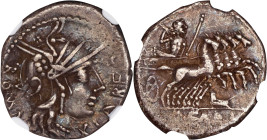 ROMAN REPUBLIC. Q. Fabius Labeo. AR Denarius, Rome Mint, ca. 125 B.C. NGC VF.
Cr-273/1; Syd-532. Obverse: Helmeted head of Roma, mark of value below ...