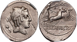 ROMAN REPUBLIC. L. Julius Bursio. AR Denarius, Rome Mint, 85 B.C. NGC Ch F. Marks, Flan Flaw.
Cr-352/1C; Syd-728. Obverse: Laureate, winged, and drap...