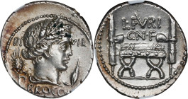 ROMAN REPUBLIC. L. Furius Cn.f. Brocchus. AR Denarius (3.95 gms), Rome Mint, 63 B.C. NGC AU, Strike: 5/5 Surface: 2/5. Brushed.
Cr-414/1; Syd-902. Ob...