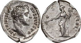 ANTONINUS PIUS, A.D. 138-161. AR Denarius, Rome Mint, ca. A.D. 145-147. NGC EF.
RIC-130; RSC-258. Obverse: Laureate head right; Reverse: Pax standing...