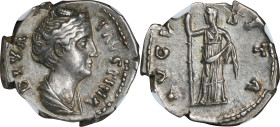 FAUSTINA SENIOR (WIFE OF ANTONINUS PIUS). AR Denarius, Struck under Antoninus Pius, ca. A.D. 146-161. NGC EF.
RIC-362 (Pius); RSC-104. Obverse: Drape...