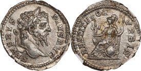 SEPTIMIUS SEVERUS, A.D. 193-211. AR Denarius (3.23 gms), Rome Mint, ca. A.D. 202-210. NGC MS, Strike: 5/5 Surface: 5/5.
RIC-288; RSC-606B. Obverse: L...