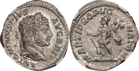 CARACALLA, A.D. 198-217. AR Denarius (3.36 gms), Rome Mint, ca. A.D. 212-213. NGC MS, Strike: 5/5 Surface: 5/5.
RIC-223; RSC-150. Obverse: Laureate h...